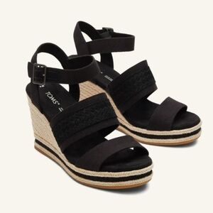 Toms Madelyn Black Canvas Braided Wedge Sandal